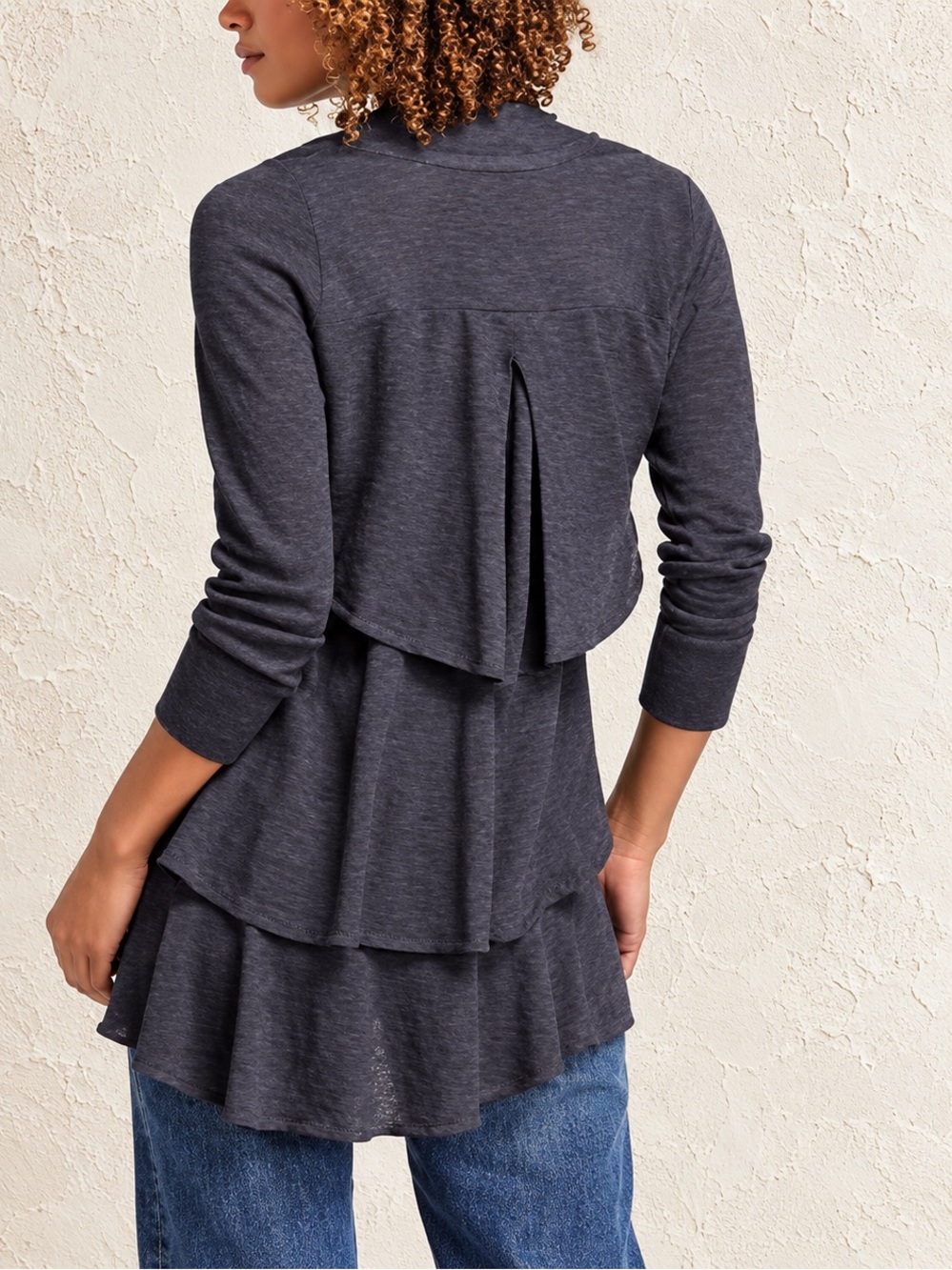 Anthropologie Angel of the North Linen Charcoal Gray Ruffle Tier Cardigan Size M